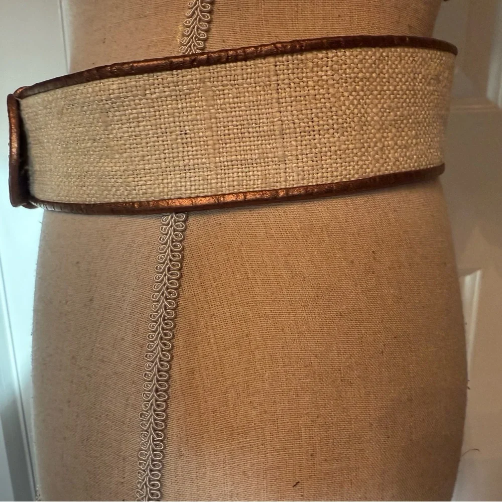 DUSTY BAKER BELT WIDE CREAM FABRIC SNAKESKIN METALLIC BRONZE GOLD SIZE M